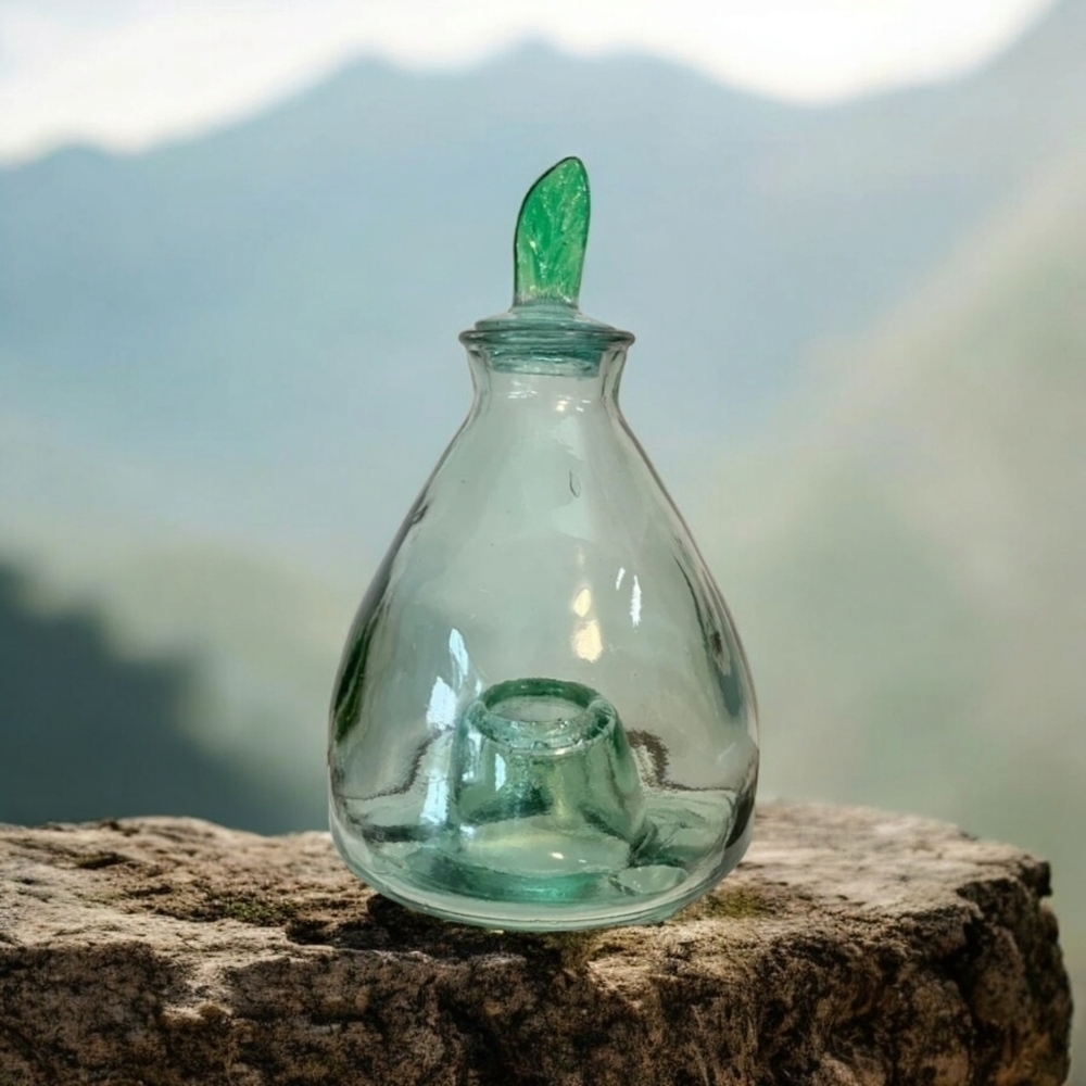Vintage The Medieval fly catcher Made Spain green blown glass pear bug catcher